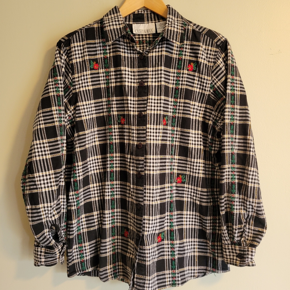 Vintage Black & White Scotch Plaid Button Down, Medium